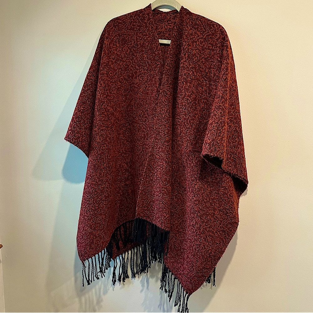 Rust and black tone cover-up wrap with black fringe, one-size-fits-all